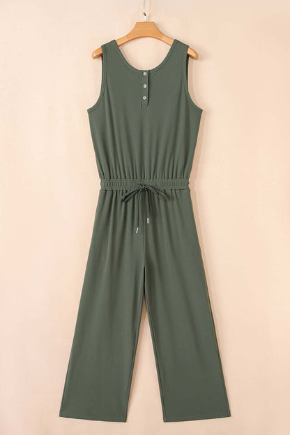 Vineyard Green Buttoned Drawstring Waist Sleeveless Wide Leg Jumpsuit - Cute Clothes Online - In Style Chics Boutique Women's Juniors 