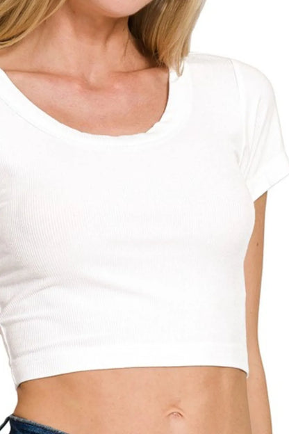 Short Sleeve White Crop Top, Ribbed Scoop Neck - In Style Chics Boutique Women's Juniors Clothes under $20
