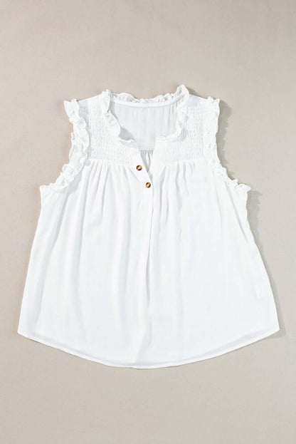Button Split Neck Frill Trim Sleeveless Shirt - Cute Clothes Online - In Style Chics Boutique Women's Juniors Apparel 