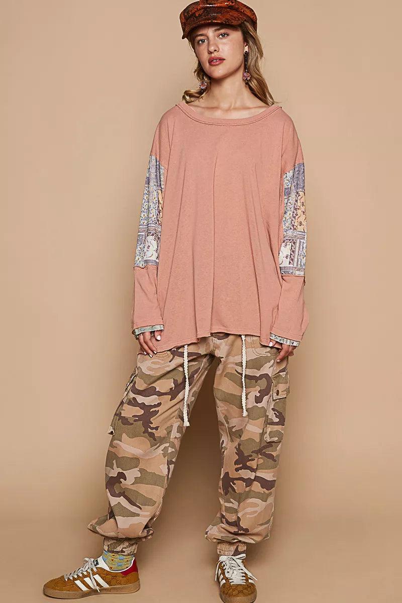 Round Neck Long Sleeve Roomy Fit Top with Stitch Detail at In Style Chics Boutique 