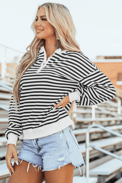 White Stripe Buttoned Crew Neck Oversized Sweatshirt - In Style Chics Boutique 