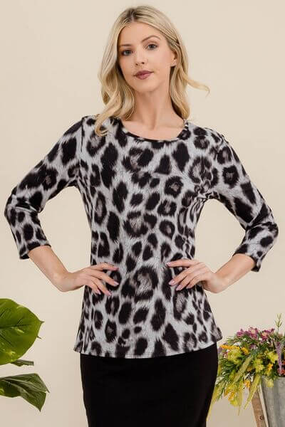 Celeste Full Size Leopard Round Neck Three-Quarter Sleeve T-Shirt