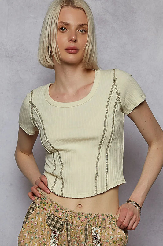 Crop T-Shirt with Contrast Stitching Round Neck - In Style Chics Boutique 