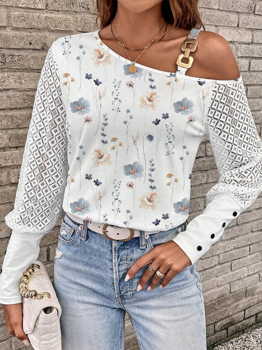 Printed Asymmetrical Neck Lantern Sleeve T-Shirt - In Style Chics Boutique LLC