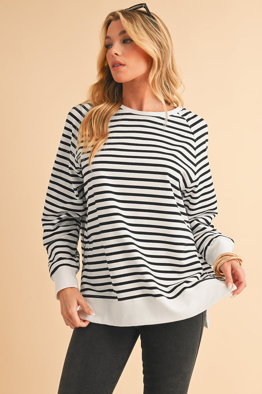 Black Stripe Raglan Sleeve Loose Split Sweatshirt