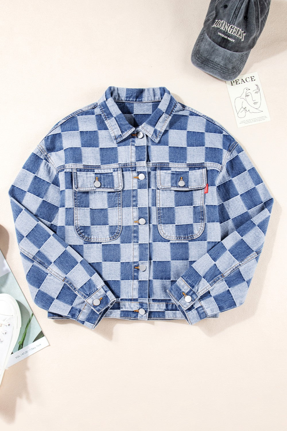 Checkered Button Up Long Sleeve Denim Jacket - In Style Chics Boutique LLC