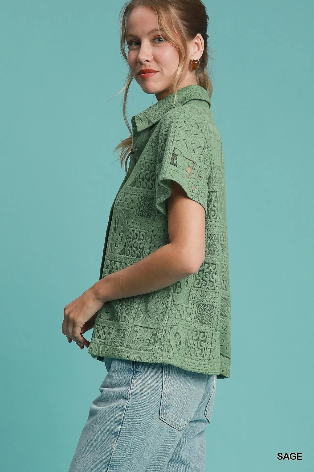 Short Sleeve Button Down Shirt, Patch Lace at In Style Chics Boutique 