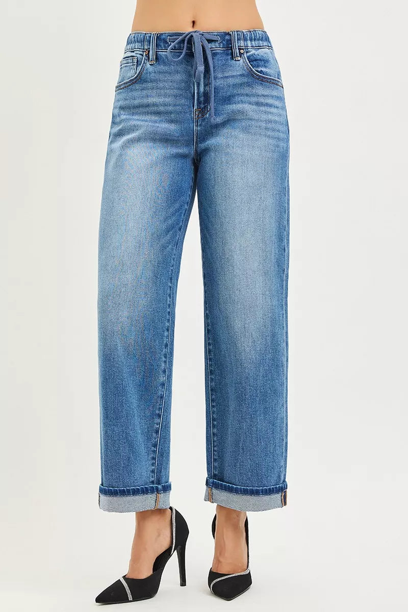 RISEN Elastic Band Slouch Ankle Boyfriend Cuffed Hem Jeans💙