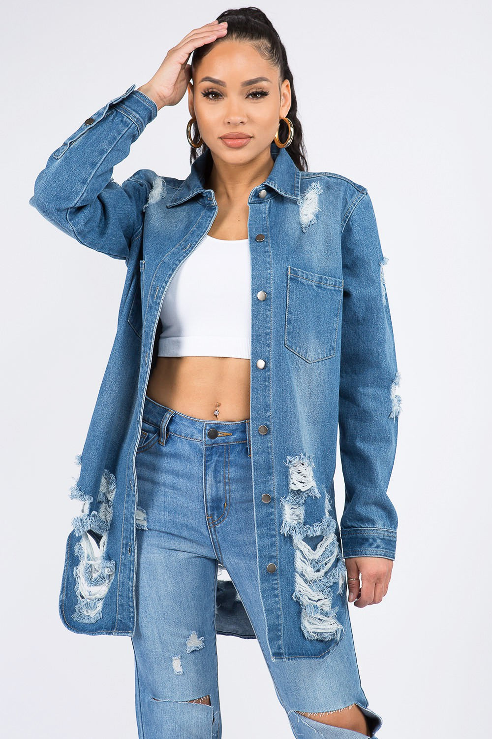 American Bazi Distressed Button Down Denim Shirt Jacket - In Style Chics Boutique LLC