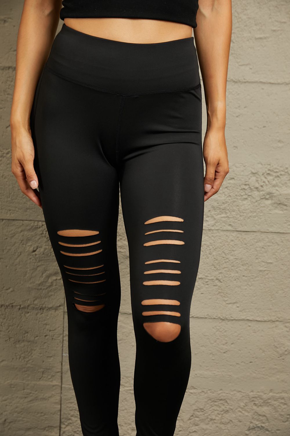 Double Take Wide Waistband Distressed Slim Fit Leggings - In Style Chics Boutique LLC