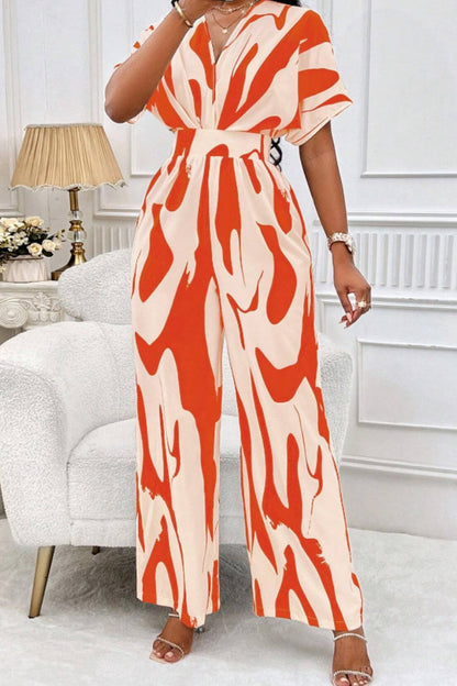 Printed V-Neck Short Sleeve Wide Leg Jumpsuit - In Style Chics Boutique LLC