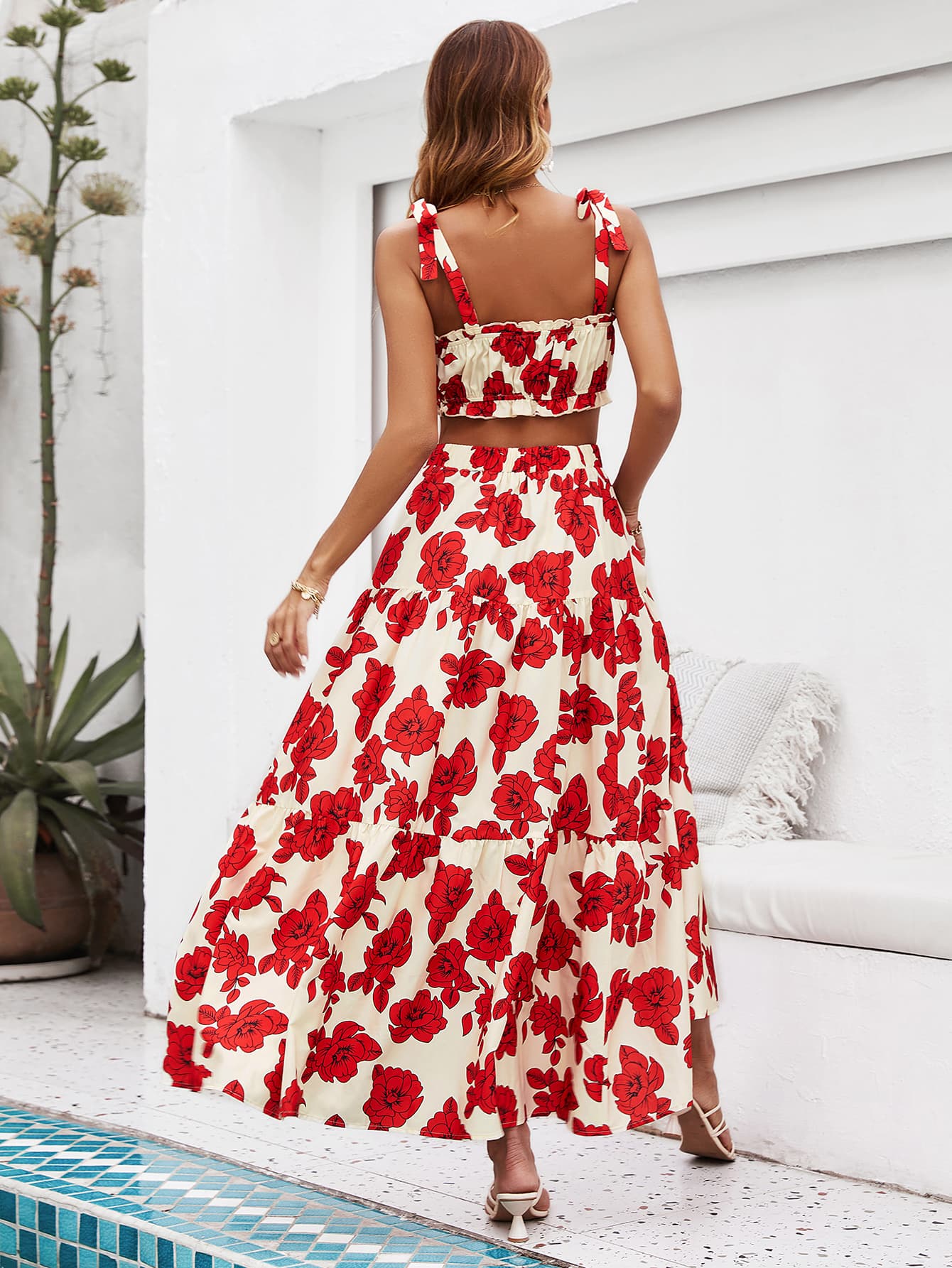 Floral Tie Shoulder Top and Tiered Maxi Skirt Set - In Style Chics Boutique LLC