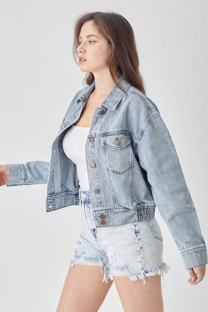 RISEN Full Size Button Down Cropped Denim Jacket - In Style Chics Boutique LLC