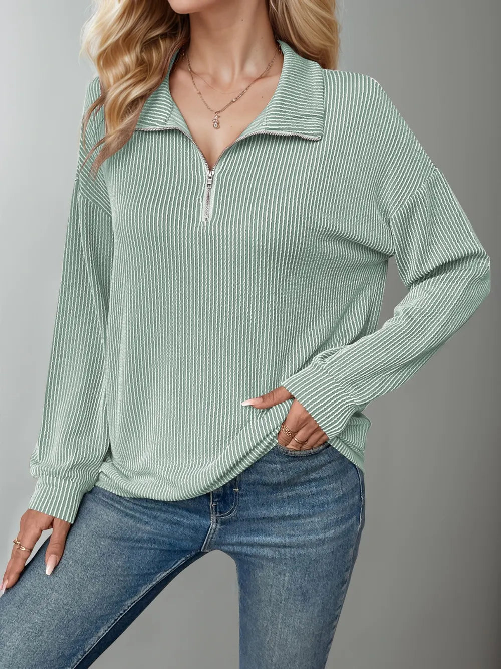 Striped Half Zip Long Sleeve T-Shirt at In Style Chics Boutique 