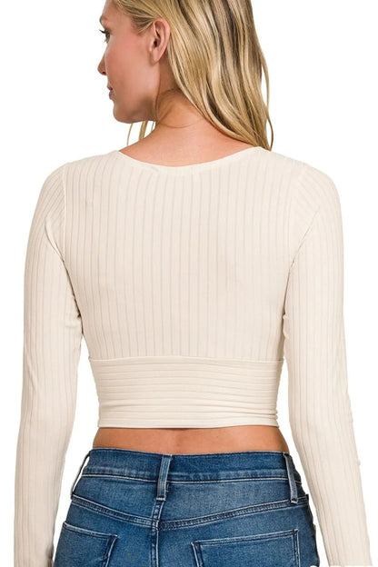 Long Sleeve Crop Top, Ribbed Surplus Waist Band - In Style Chics Boutique Cute Clothes Online 