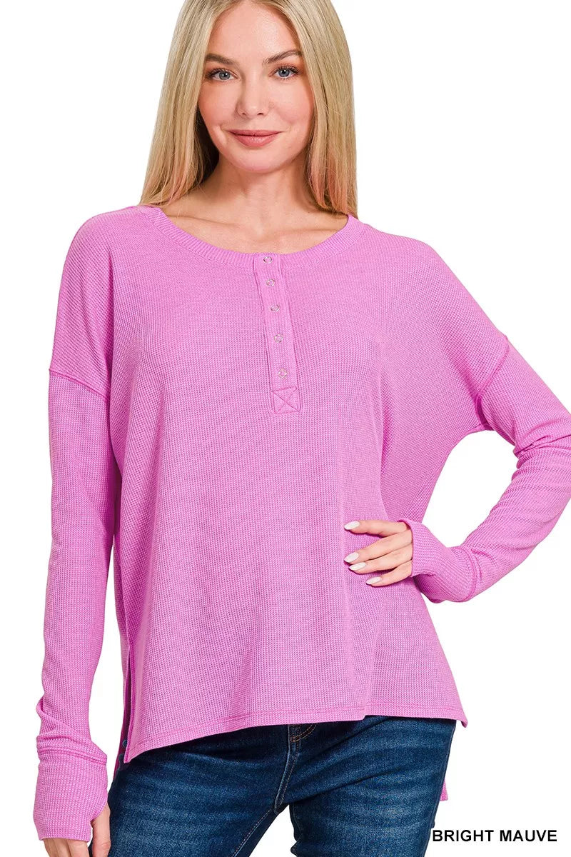 Shop Zenana Waffle Knit Henley Top with Thumbhole Sleeves, Bright Mauve at In Style Chics Boutique 