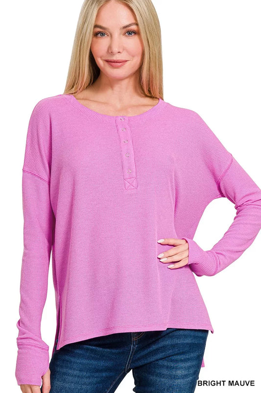 Shop Zenana Waffle Knit Henley Top with Thumbhole Sleeves, Bright Mauve at In Style Chics Boutique 