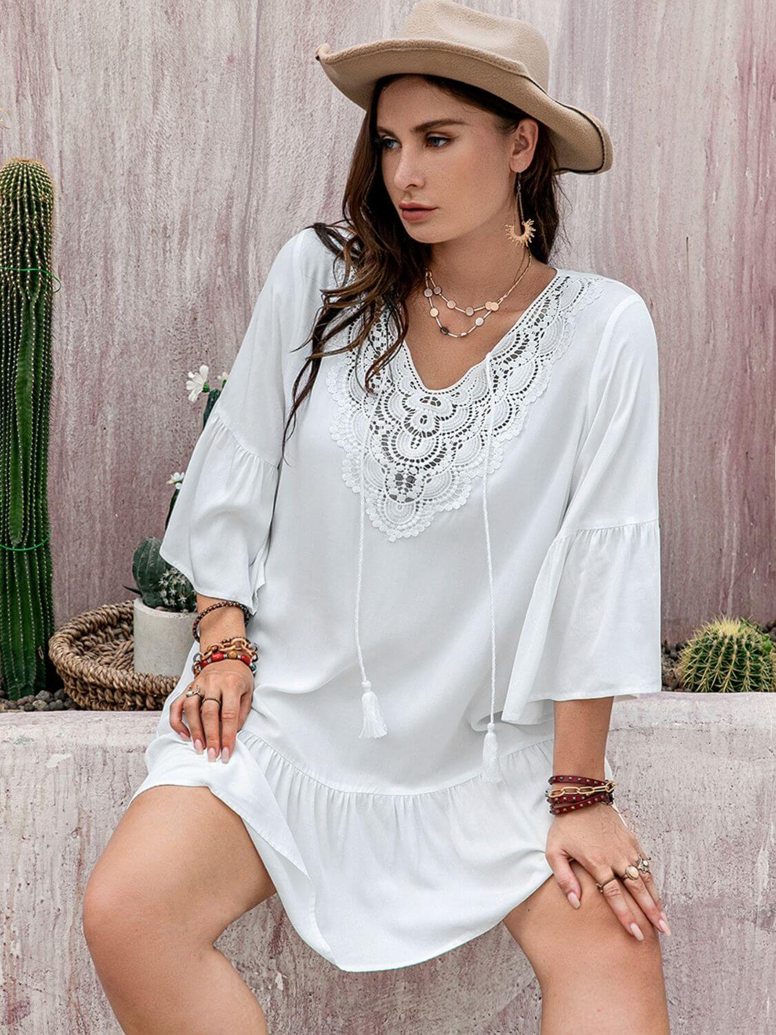 Plus Size Lace Detail Tie Neck Three-Quarter Sleeve Mini Dress - In Style Chics Boutique LLC