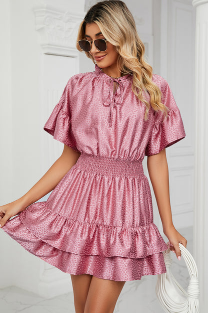 Smocked Tie Neck Flounce Sleeve Dress - In Style Chics Boutique LLC