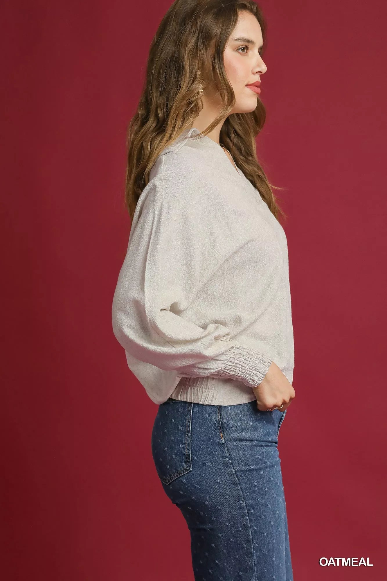 Linen Blouse, Long Sleeves Elastic Hem at In Style Chics Boutique 