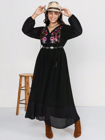 Plus-Size Embroidered Tie Neck Long Sleeve Dress - In Style Chics Boutique LLC