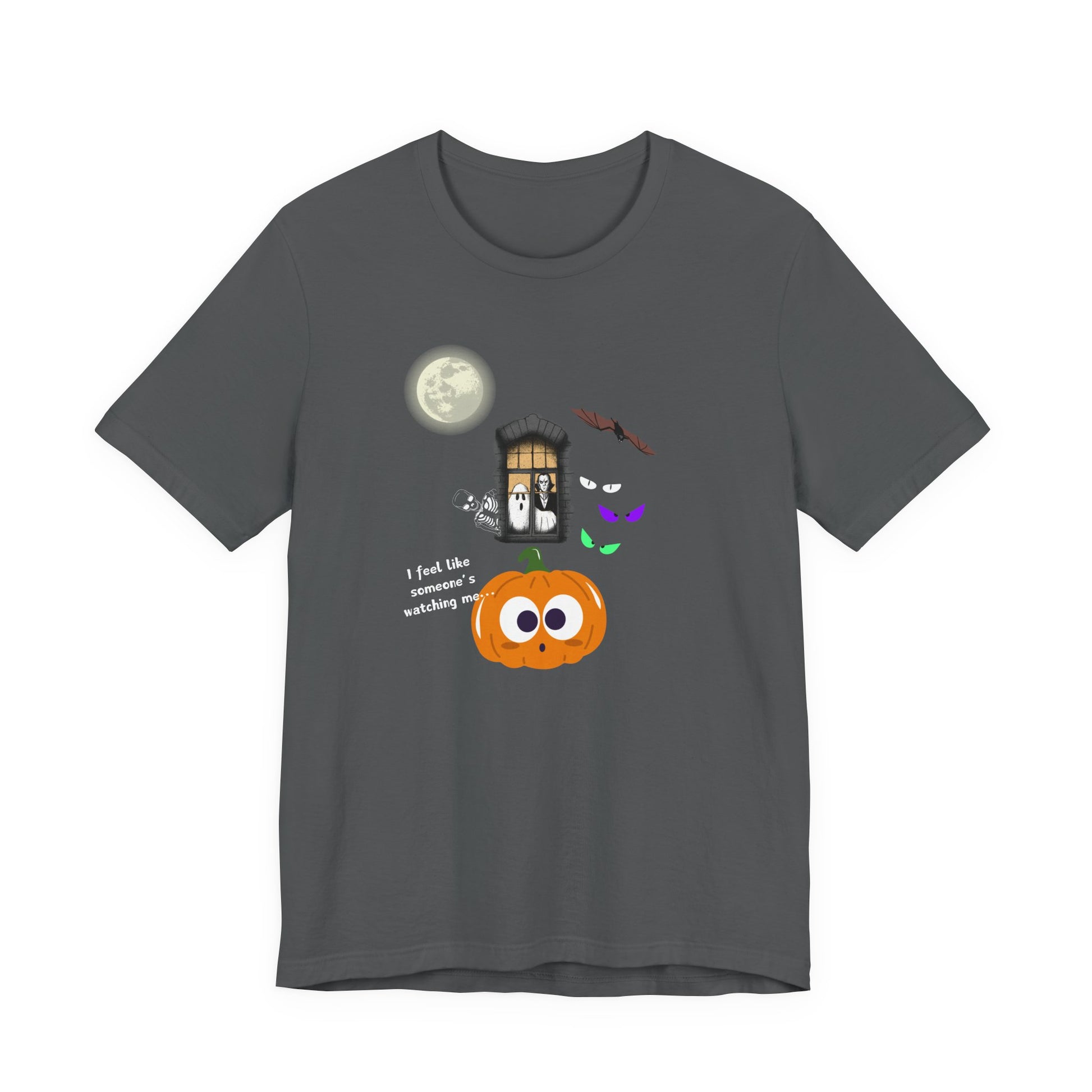 Gray t-shirt with Halloween-themed graphics ghost pumpkin, moon