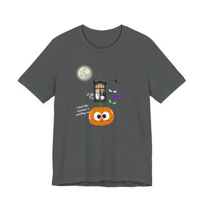 Gray t-shirt with Halloween-themed graphics ghost pumpkin, moon