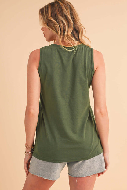 Jungle Green Half Button V Neck Patched Pocket Tank Top - In Style Chics Boutique 