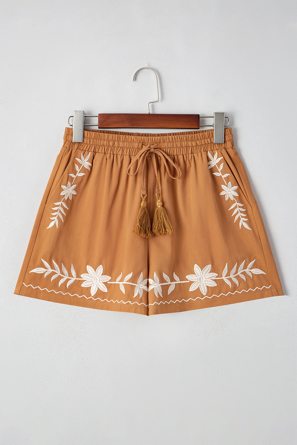 Khaki Embroidered Tassel Tie Elastic Waist Shorts - In Style Chics Boutique Women's Online Clothing 