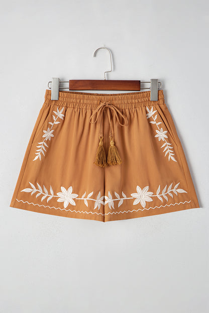 Khaki Embroidered Tassel Tie Elastic Waist Shorts - In Style Chics Boutique Women's Online Clothing 