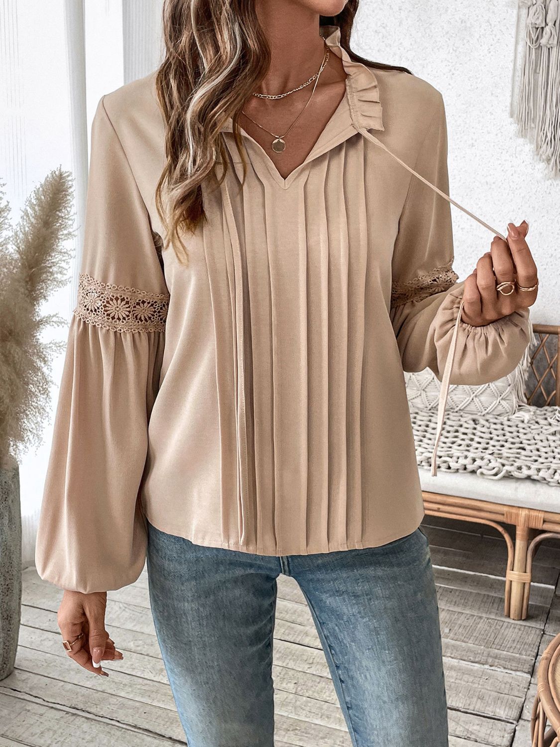 Perfee Frill Tie Neck Long Sleeve Blouse - In Style Chics Boutique LLC