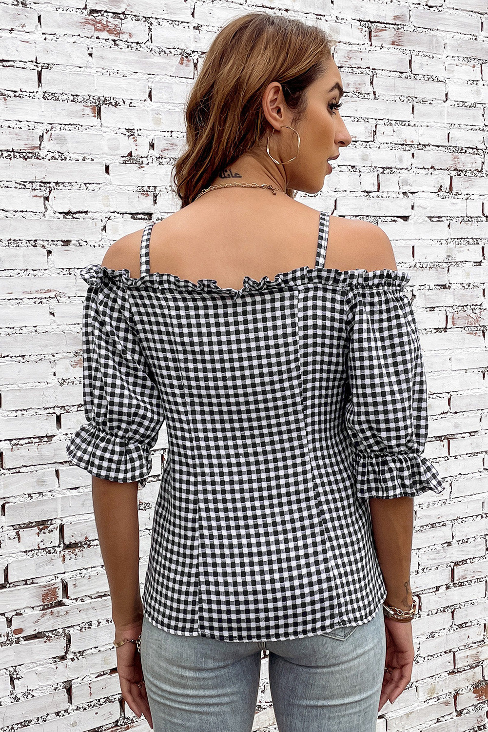 Plaid Buttoned Sweetheart Neck Cold-Shoulder Top - In Style Chics Boutique LLC