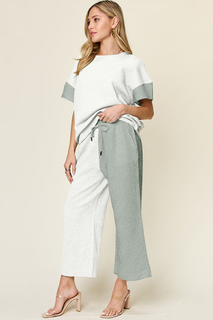 Double Take Full Size Texture Contrast T-Shirt and Wide Leg Pants Set - In Style Chics Boutique LLC