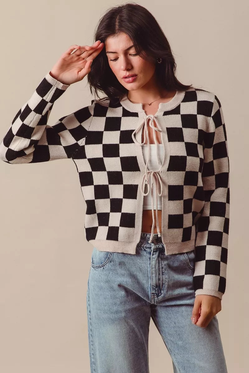 Shop Tie Front Checkered Knitted Round Neck Cardigan at In Style Chics Boutique