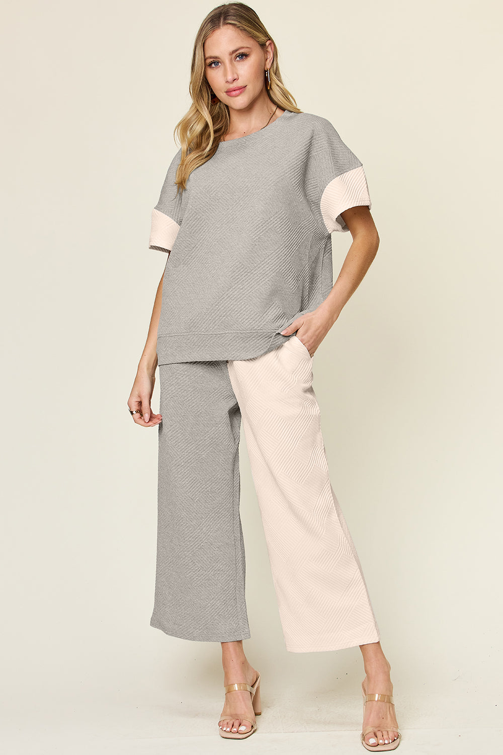 Double Take Full Size Texture Contrast T-Shirt and Wide Leg Pants Set - More Colors! - In Style Chics Boutique LLC