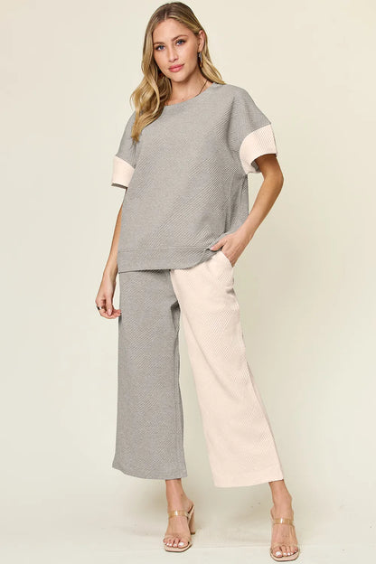 Textured Contrast T-Shirt and Wide Leg Pants Set - In Style Chics Boutique Women's Clothes 