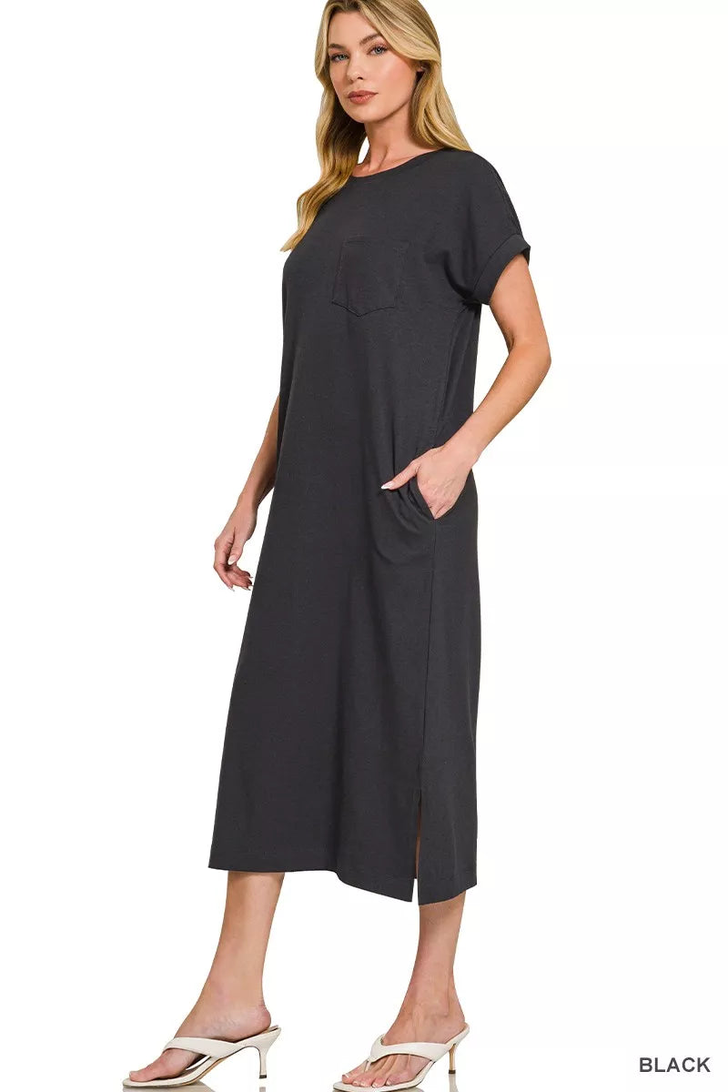 Black T-Shirt Maxi Dress with Pockets – Soft Casual Everyday Style 🖤