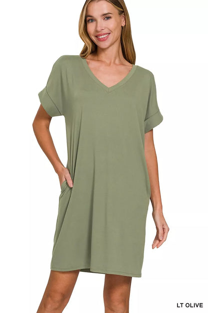 Zenana Brushed DTY Rolled Short Sleeve V-Neck Dress