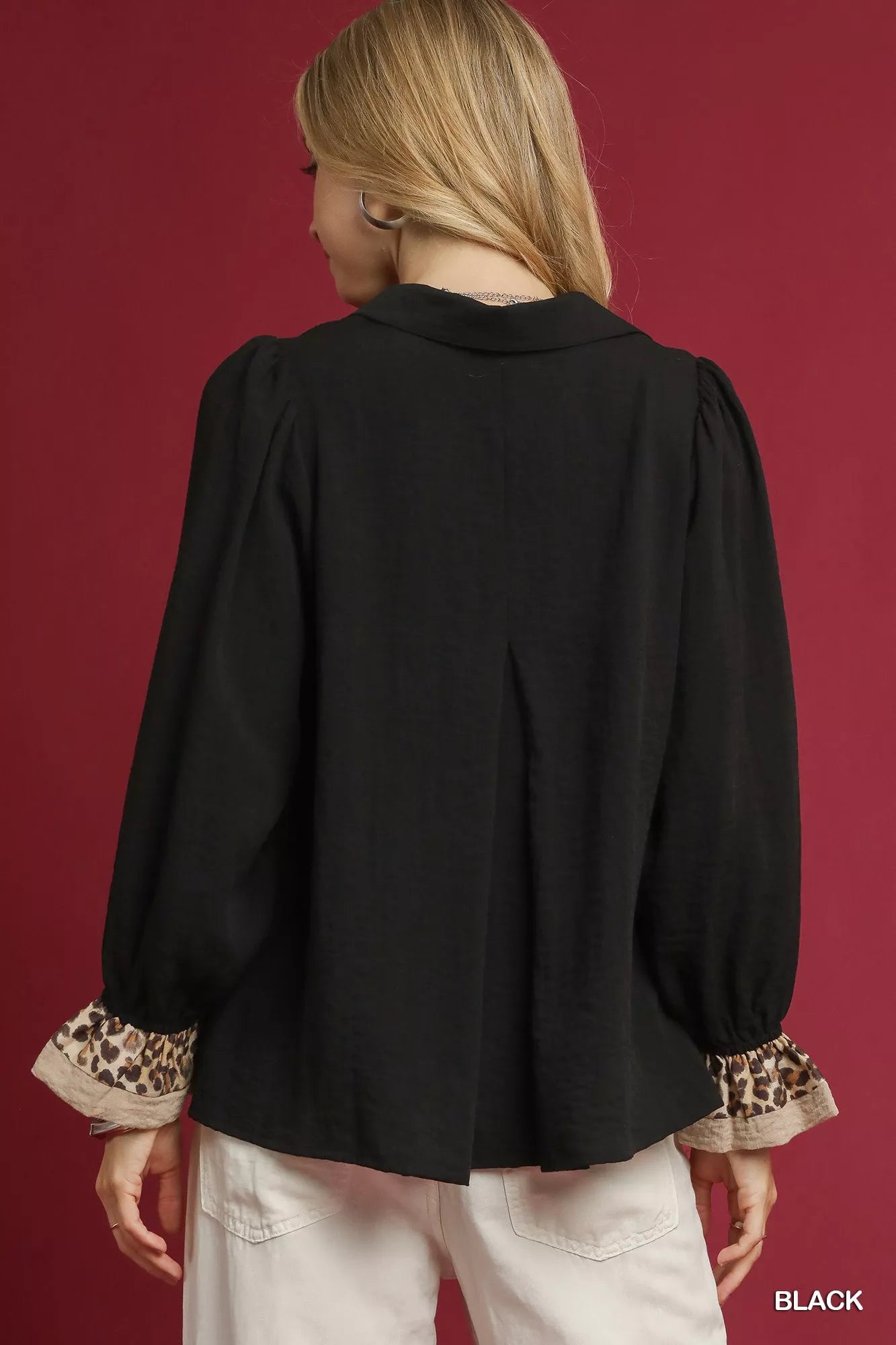 Half Button Blouse with Leopard Print Trim at In Style Chics Boutique 