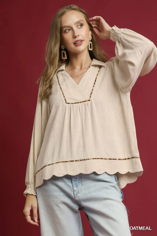 Linen Scallop Hem Blouse with Contrast Trim at In Style Chics Boutique 