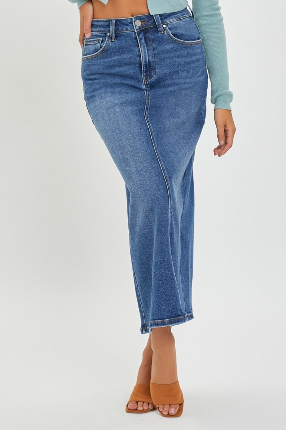 RISEN High Rise Back Slit Denim Skirt - In Style Chics Boutique LLC