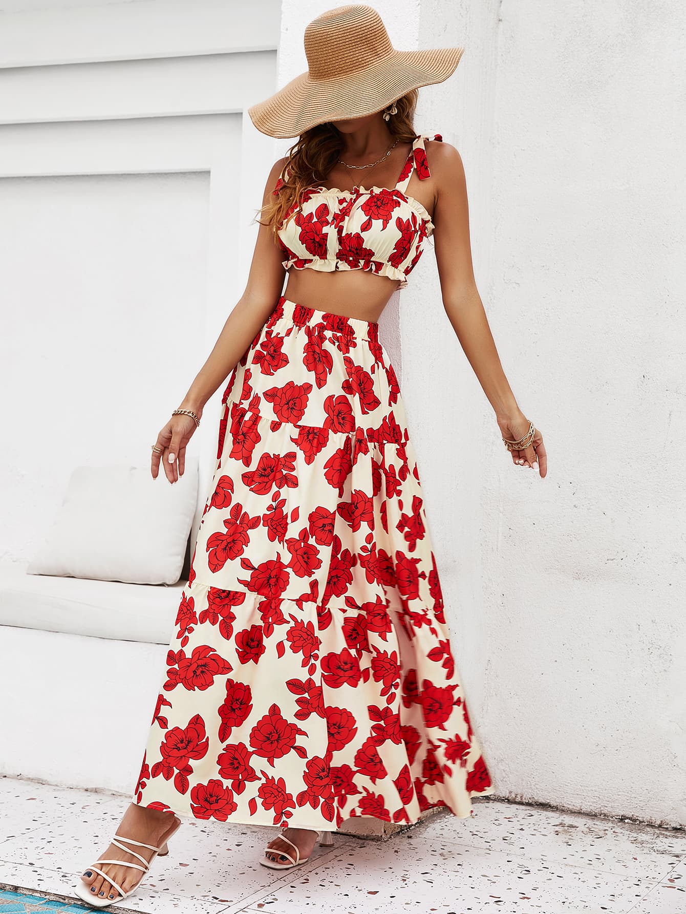 Floral Tie Shoulder Top and Tiered Maxi Skirt Set - In Style Chics Boutique LLC