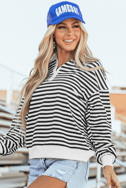 White Stripe Buttoned Crew Neck Oversized Sweatshirt - In Style Chics Boutique 