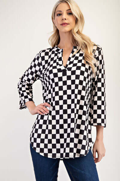 Curved Hem Checkered Notched Blouse - In Style Chics Boutique 