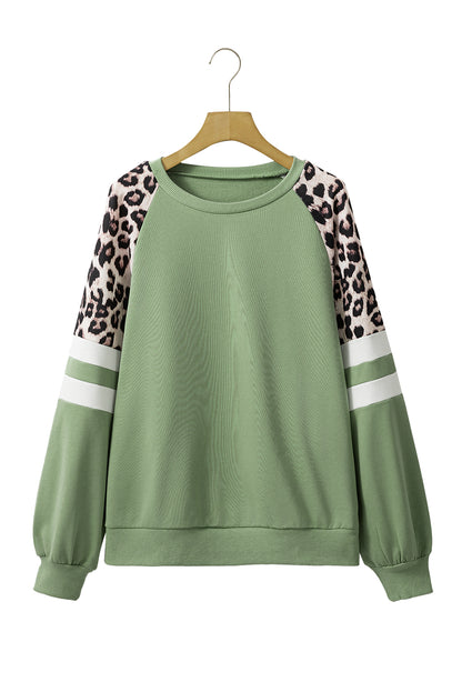 Grass Green Leopard Print Patchwork Raglan Sleeve Sweatshirt