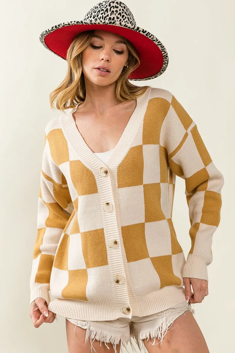 Checked V-neck Cardigan at In Style Chics Boutique 
