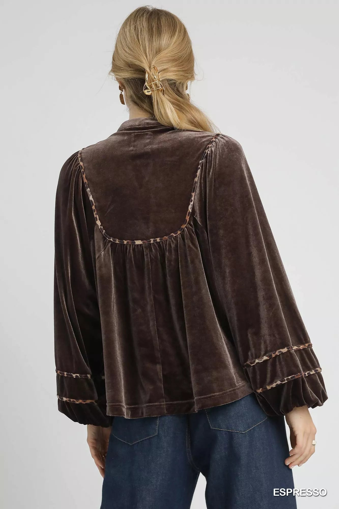 Velvet Long Sleeve Blouse with Contrast Trim at In Style Chics Boutique 