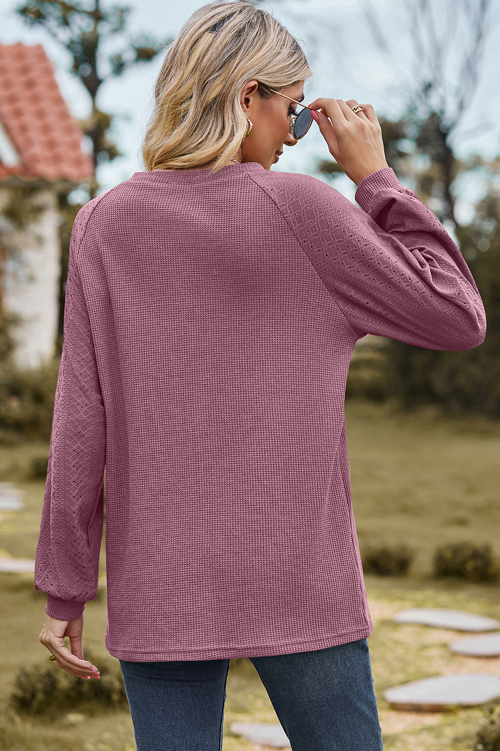 Eyelet Round Neck Long Sleeve T-Shirt - In Style Chics Boutique LLC