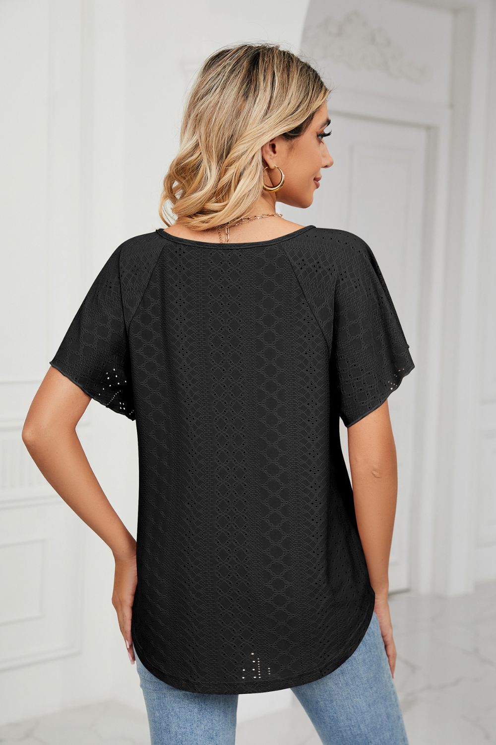 Eyelet Tie-Neck Flutter Sleeve Top - In Style Chics Boutique LLC