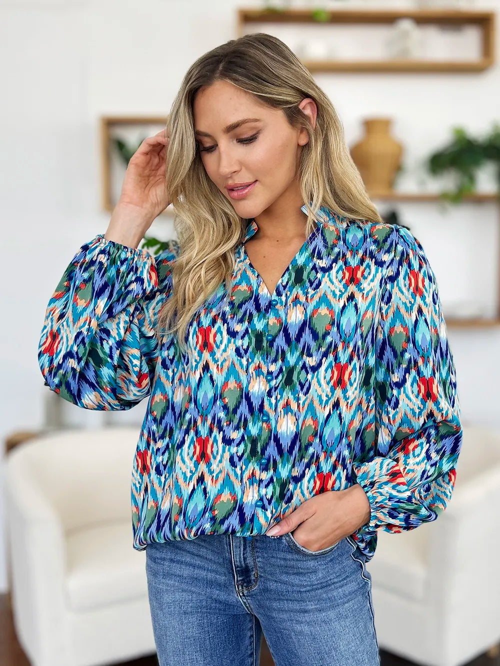 Printed Balloon Sleeve Blouse 💙 Shop Deals at In Style Chics Boutique 